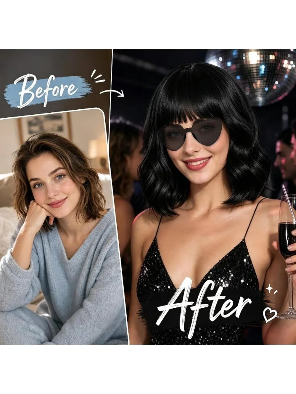 Women's Black Curly Bob Synthetic Wigs Bangs With Neon Heart Sunglasses
